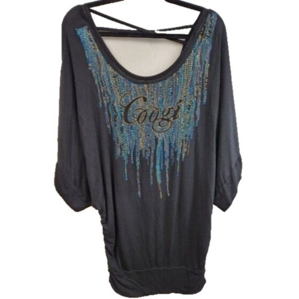 Vintage 90s Coogi Womens Embellished Tunic Top XL‎ Black Spellout Logo Grunge